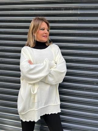 Ekru Şerit Detay Oversize Kazak