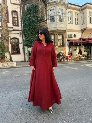 İthal Düğmeli Uzun Keten Elbise