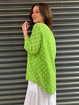 İthal Puantiyeli Düğme Detaylı Keten Bluz