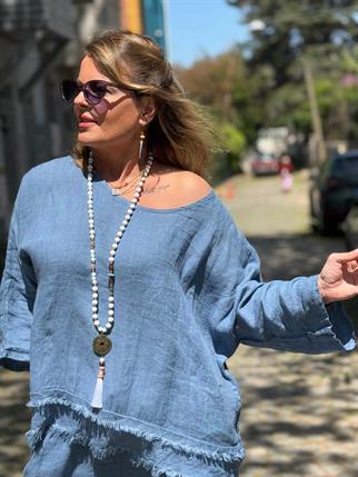 Püskül Detaylı İthal Keten Pantolon Bluz Takım