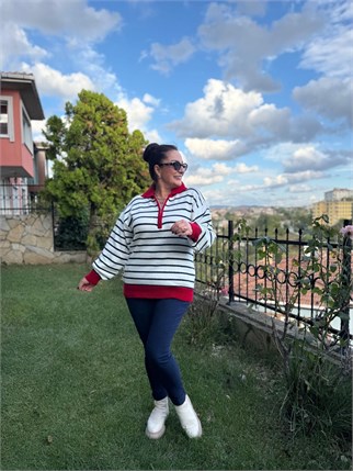 Lacivert Çizgili Yakası Fermuarlı Triko
