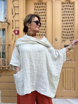 İthal Oversize Degaje Keten Bluz
