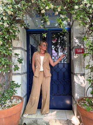 İthal Çizgili Keten Yelek Pantolon Takım