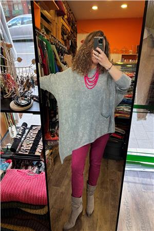 Gri Asimetrik Yıkamalı Yarasa Kol Triko