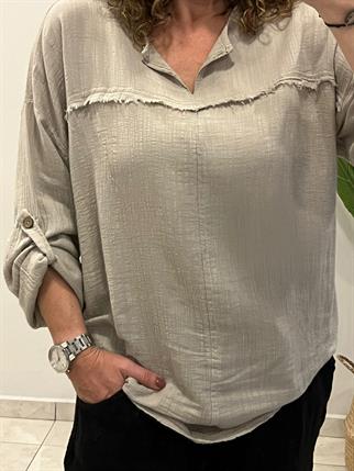 Gri Dikiş Detaylı Uzun Kol Pamuk Keten Bluz