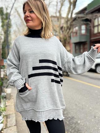 Gri Şerit Detay Oversize Kazak