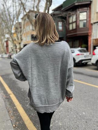 Gri Şerit Detay Oversize Kazak