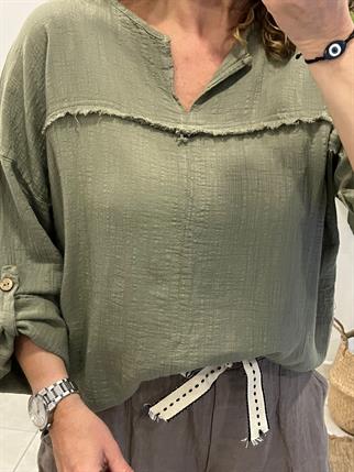 Haki Dikiş Detaylı Uzun Kol Pamuk Keten Bluz