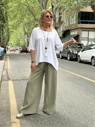 Haki İthal Çizgili Bol Paça Pantolon