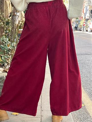 İthal Bol Paça Düğmeli Kadife Pantolon