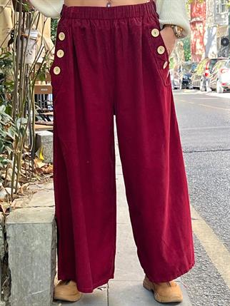 İthal Bol Paça Düğmeli Kadife Pantolon