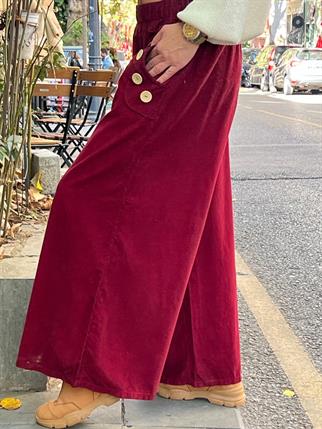 İthal Bol Paça Düğmeli Kadife Pantolon