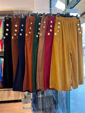 İthal Bol Paça Düğmeli Kadife Pantolon