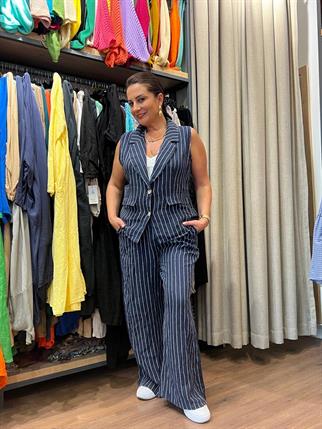 İthal Çizgili Keten Yelek Pantolon Takım