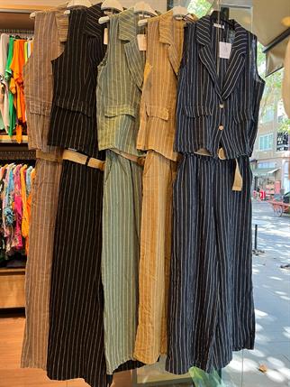 İthal Çizgili Keten Yelek Pantolon Takım