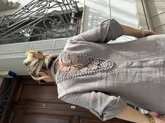 İthal Dantel Detaylı Keten Elbise