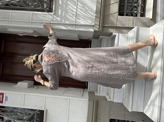 İthal Dantel Detaylı Keten Elbise