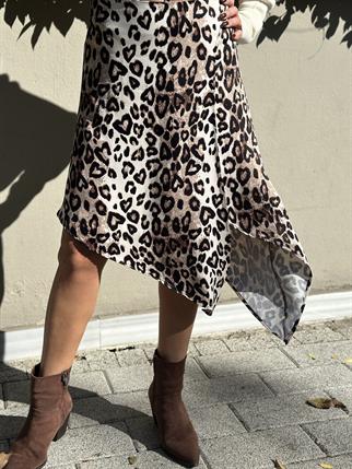 Kahve Leopar Asimetrik Saten Etek