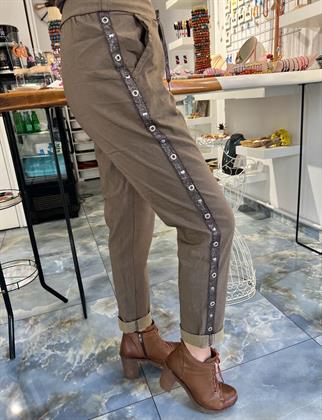 Kahve Zımba Detaylı İthal Likralı Pantolon