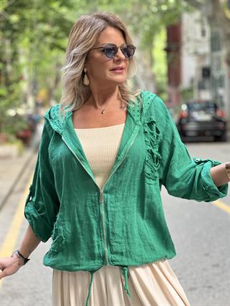 Kapüşonlu Delikli İthal Keten Ceket