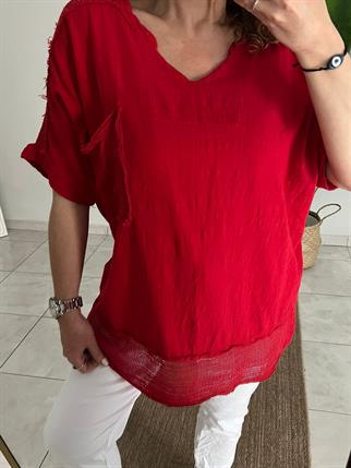 Kırmızı File Detaylı Pamuk Keten Bluz