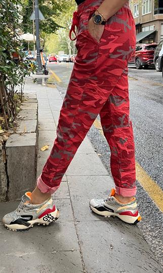 Kırmızı İthal Kamuflaj Likralı Pantolon