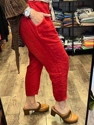 Kırmızı Kemerli Keten Pantolon