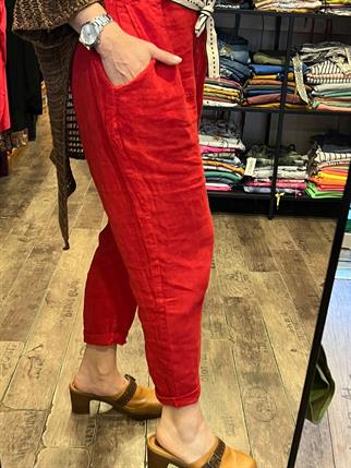 Kırmızı Kemerli Keten Pantolon