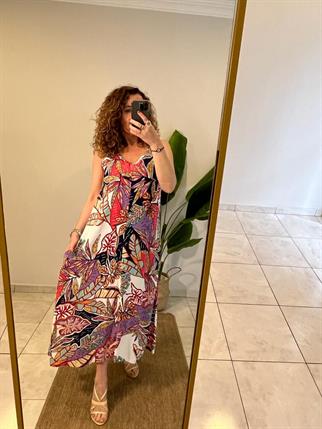 Kolsuz Büyük Yapraklı Midi Boy Elbise