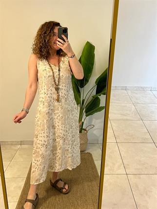 Kolsuz Krem Çiçekli Midi Boy Elbise