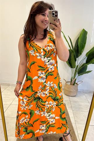 Kolsuz Turuncu Çiçekli Midi Boy Elbise