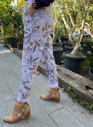 Lila İthal Likralı Çiçek Desenli Pantolon