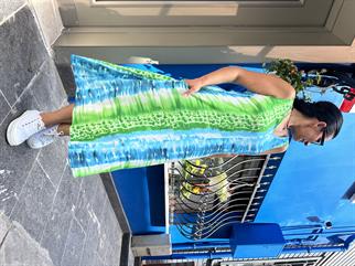 Mavi V Yaka Midi Boy Kolsuz Elbise