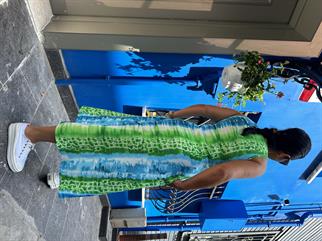 Mavi V Yaka Midi Boy Kolsuz Elbise