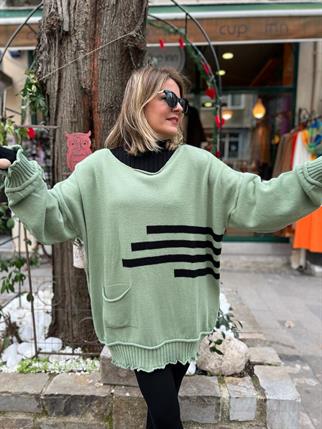 Mint Şerit Detay Oversize Kazak