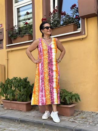 Pembe V Yaka Midi Boy Kolsuz Elbise