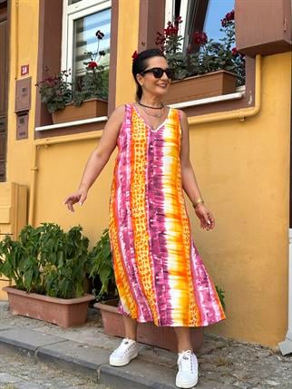 Pembe V Yaka Midi Boy Kolsuz Elbise