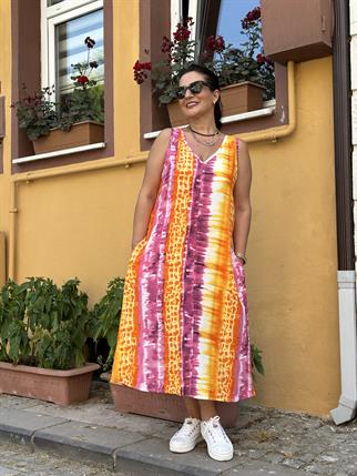 Pembe V Yaka Midi Boy Kolsuz Elbise