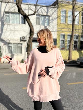 Pudra Şerit Detay Oversize Kazak