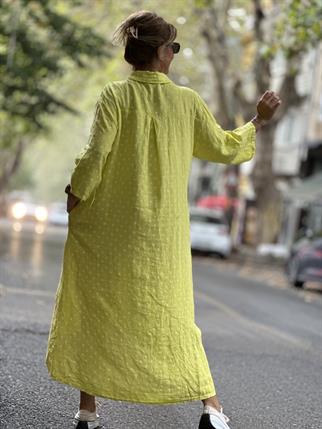 Sarı İthal Puantiyeli Keten Elbise