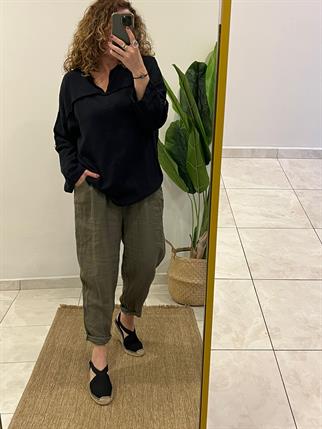 Siyah Dikiş Detaylı Uzun Kol Pamuk Keten Bluz