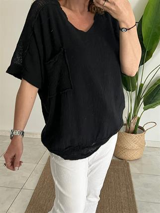 Siyah File Detaylı Pamuk Keten Bluz