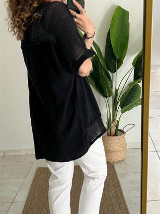 Siyah File Detaylı Pamuk Keten Bluz
