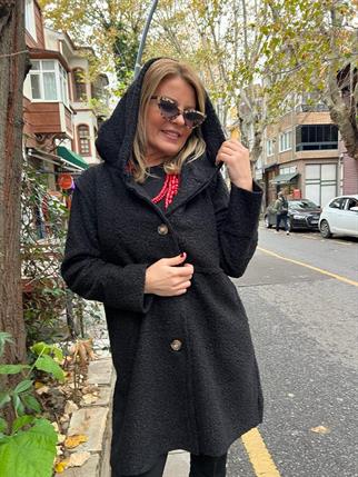 Siyah İthal Kapşonlu Buklet Kaban