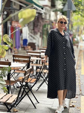 Siyah İthal Puantiyeli Keten Elbise