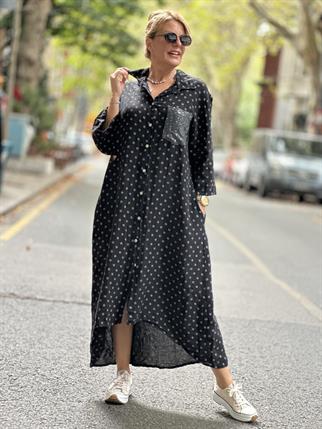 Siyah İthal Puantiyeli Keten Elbise