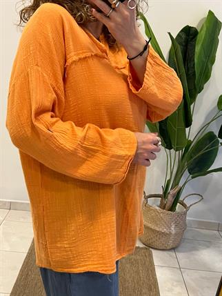 Turuncu Dikiş Detaylı Uzun Kol Pamuk Keten Bluz