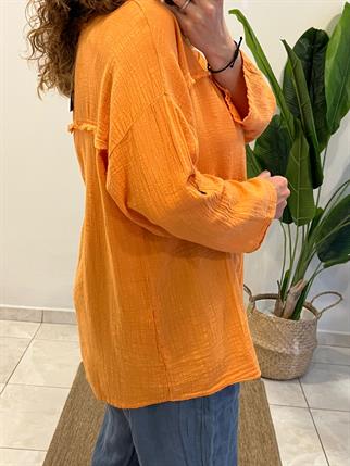 Turuncu Dikiş Detaylı Uzun Kol Pamuk Keten Bluz