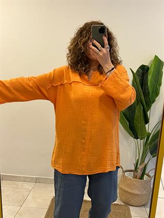Turuncu Dikiş Detaylı Uzun Kol Pamuk Keten Bluz