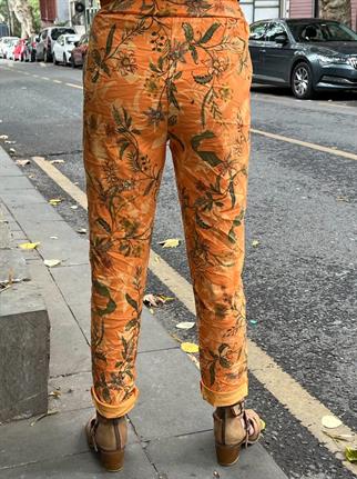 Turuncu İthal Likralı Çiçek Desenli Pantolon